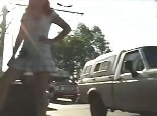 Sexy teenage babe gives amazing up skirt at bus stop