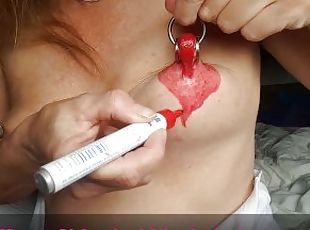 nippleringlover`s xxl pierced nipples painted red for valentines day