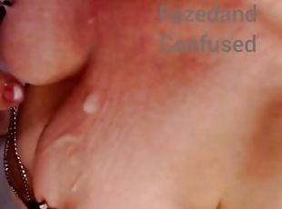 Husband cannot resist wife in nipple clamps. Cums all over her huge tits