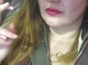 Sexy Red lips Smoking In Car In Leather Jacket