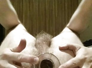 Anal gaping straight hairy ass and balls after large glass dildo ass fuck