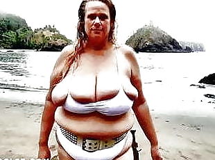 Huge tits BBW beauty emerges from the sea