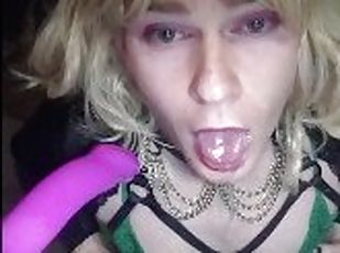 SalivatingSub Fucking Machine Deepthroat Practice in Green Bodysuit