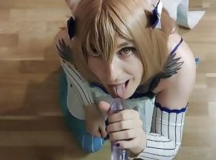 Femboy Felix Argyle Cosplayer sucks on big Dildo and wants your cum