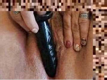 Part 1. Black Dildo and White Hairy Squirting Fat Pussy.