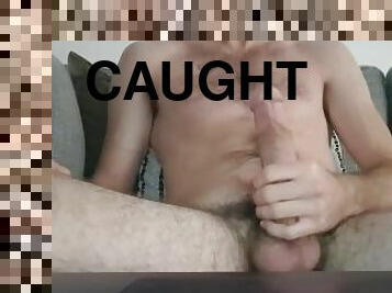 Almost caught! Boyfriend jerking HUGE cock watching porn!