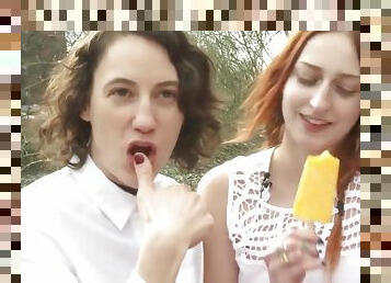 American Babes Explore Each Other's Sexy Bodies Outdoors - Redhead eats icecream and her lesbian girlfriend