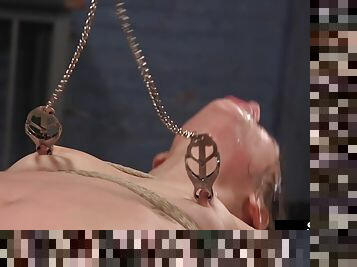 Sub BDSM 21yo deepthroats master cock in electro sex