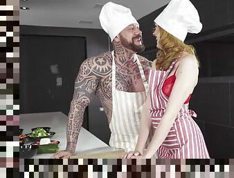 Skinny redhead fucks with the cook in absolute XXX