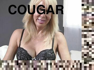 Amazing cougar with massive boobs sucks a thick cock