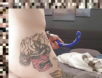 orgasmo, amador, anal, brinquedo, gay, dildo, sozinho, branco, tatuagem