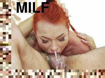 avsugning, cumshot, milf, deepthroat, rödhårig, oral, brutal, tatuering, utnyttjad