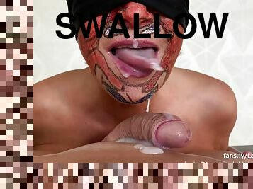 Old lady tries to swallow all his cum