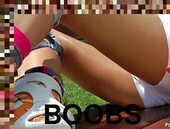 Sexy rollerblader shows her boobs in public