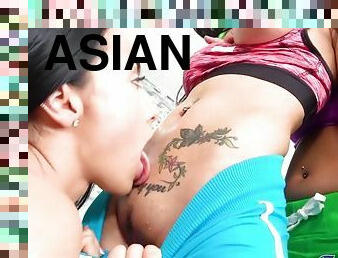 Asian lesbian threesome in the gym
