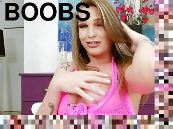 Huge boobs blonde tranny mastubates her fat hard cock