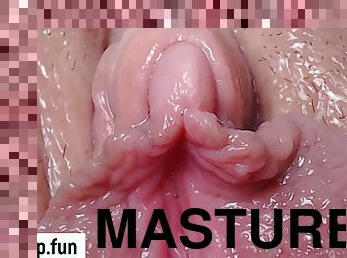 Rubbing clitor close up - pink shaved pussy masturbation