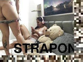 horny friend puts my strapon on my teddy to ride the strapon