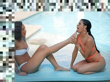 Veronica Rodriguez and Honey Gold having fun by the pool