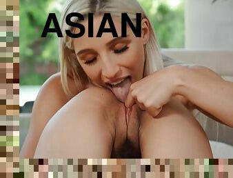 asiatisk, orgasme, pussy, lesbisk, par, blond, strømper, nydelig