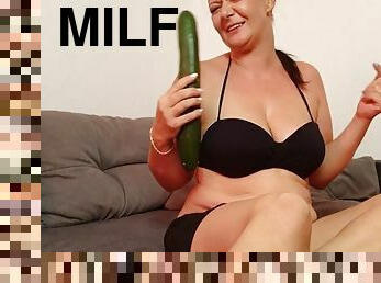 Milf fucked double penetration by cucumbers!!! huge tits!