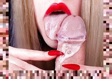 Blonde model plays with cum! Teasing cock with red lipstick and long nails until he cum in her mouth
