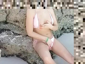 gros-nichons, public, chatte-pussy, amateur, ados, plage, doigtage, naturel, solo