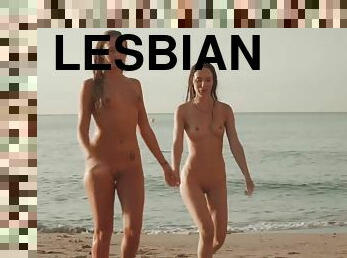 Totally naked lesbian hotties jump right into warm sea