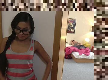 A sexy nanny in eyeglasses gets her Asian cunt pounded by a big cock