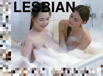 bañando, lesbiana, adolescente, ángel, traviesa