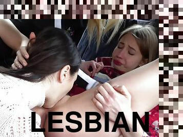 Fake taxi driver joins two naughty lesbians in backseat