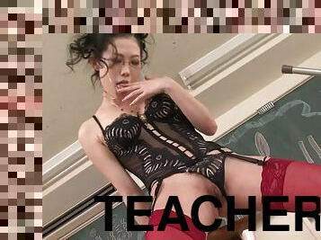 Teacher slut in lingerie masturbates after class