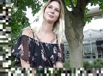 CUTE BLONDE COLLEGE TEEN LARA 18 TALK FUCK AT REAL STREET CASTING - POV reality with cum on tits