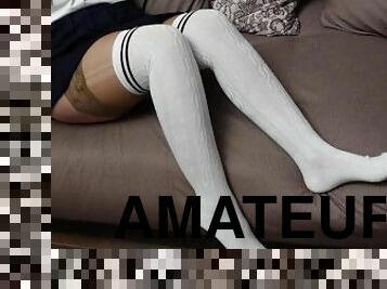 Schoolgirl Show Feet in Knee Socks and Change Dress Knee Socks Nylon Pantyhose Foot Fetish part 3