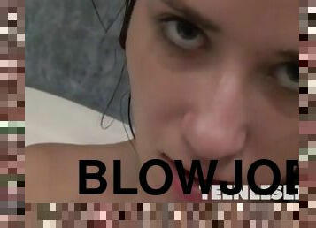 Teen Lesley takes a hot shower and get her boyfriend blowjob