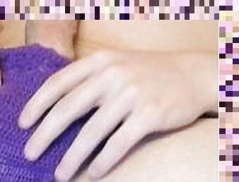 Purple bikini, precum lick, cum on belly