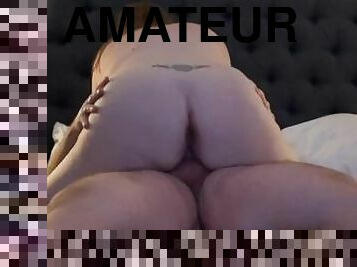 cul, orgasme, amateur, milf, maison, couple, belle-femme-ronde, chevauchement, réalité, tatouage