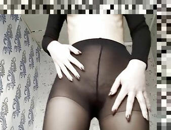 Wet hairy pussy in sheer pantyhose, powerful orgasm