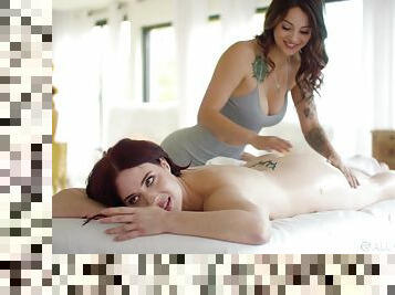 Steamy babes get intimate in perfect massage duo after softcore