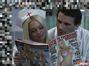 Whorish nurse Jesse Jane gets eaten out before fucking