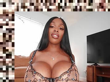 Astounding ebony shares views of her huge melons while doing her stepson