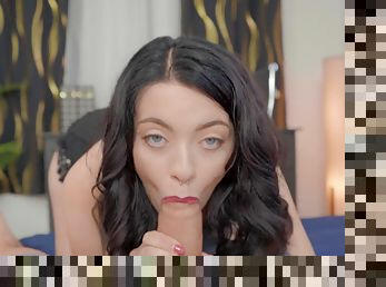 Blue-eyed brunette deals cock like a goddess