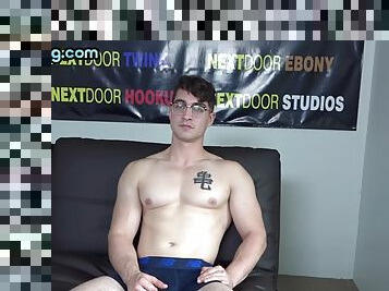 Casting stud with handsome body jerks cock on interview
