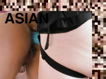 asiatique, poilue, gode-ceinture, anal, lesbienne, petite-amie, fétiche