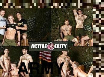 exército, estilo-cão, grande, tiro-ao-alvo, gay, a-três, musculado, pénis, militar