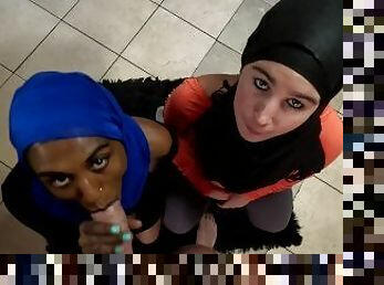 White slut and myself sucking cock while wearing hijabs, cum facials.