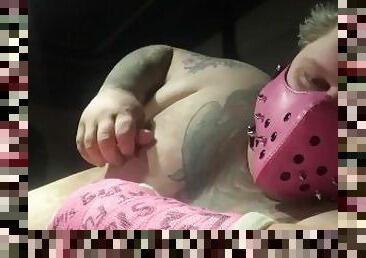 Tranny pig in a cast tugs udders