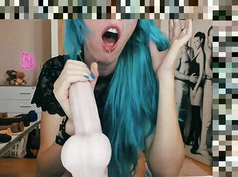 Blue hair slut deepthroat dildo