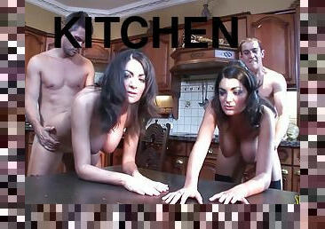 Big Tit Babes Have Wild Foursome Sex In The Kitchen