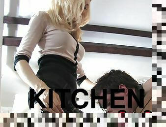 BDSM CFNM domina pissing over sub in kitchen after CBT